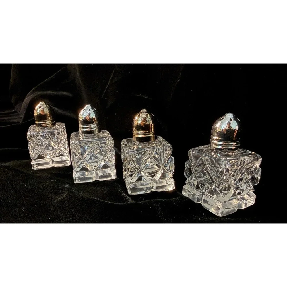 Vintage Silver & Crystal Cut Glass Miniature Salt and Pepper Shakers Set of 4